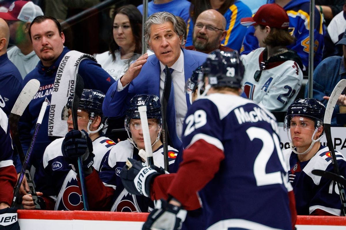Apr 5, 2026; Denver, Colorado, USA; Colorado Avalanche head coach Jared Bednar on the bench in the first period against the St. Louis Blues at Ball Arena. Mandatory Credit: Isaiah J. Downing-Imagn Images