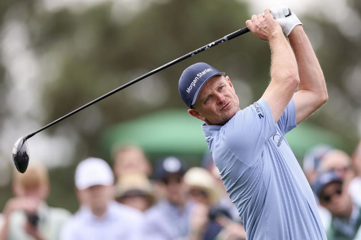 Apr 6, 2026; Augusta, Georgia, USA; Justin Rose tees off on the eighth hole during a practice round for the Masters Tournament at Augusta National Golf Club. Mandatory Credit: Bill Streicher-Imagn Images