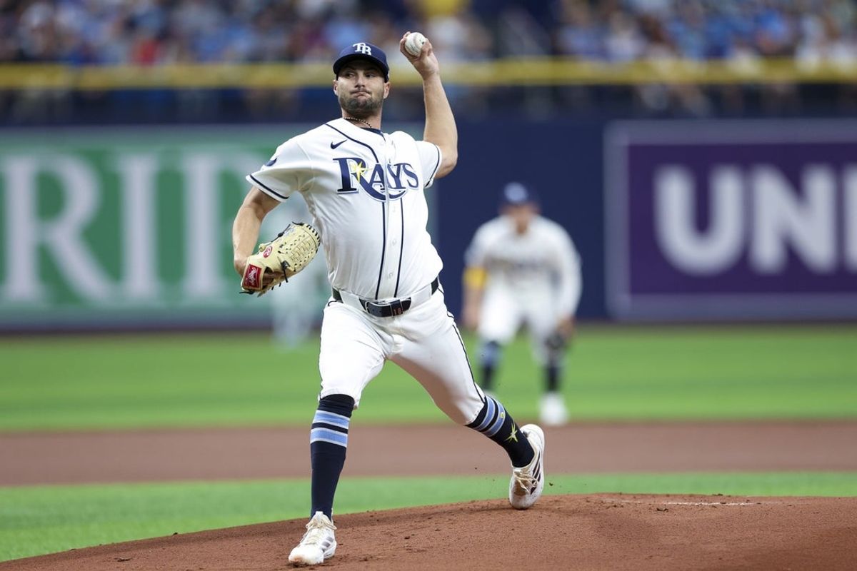 Apr 6, 2026; St. Petersburg, Florida, USA; Tampa Bay Rays starting pitcher Shane McClanahan (18) throws a pitch against the Chicago Cubs in the first inning at Tropicana Field. Mandatory Credit: Nathan Ray Seebeck-Imagn Images