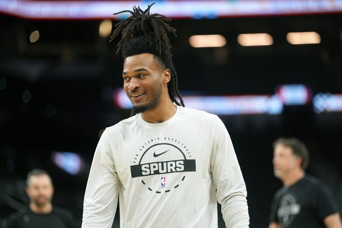 Apr 6, 2026; San Antonio, Texas, USA; San Antonio Spurs guard Stephon Castle (5) warms up prior to a game against the Philadelphia 76ers at Frost Bank Center. Mandatory Credit: Scott Wachter-Imagn Images