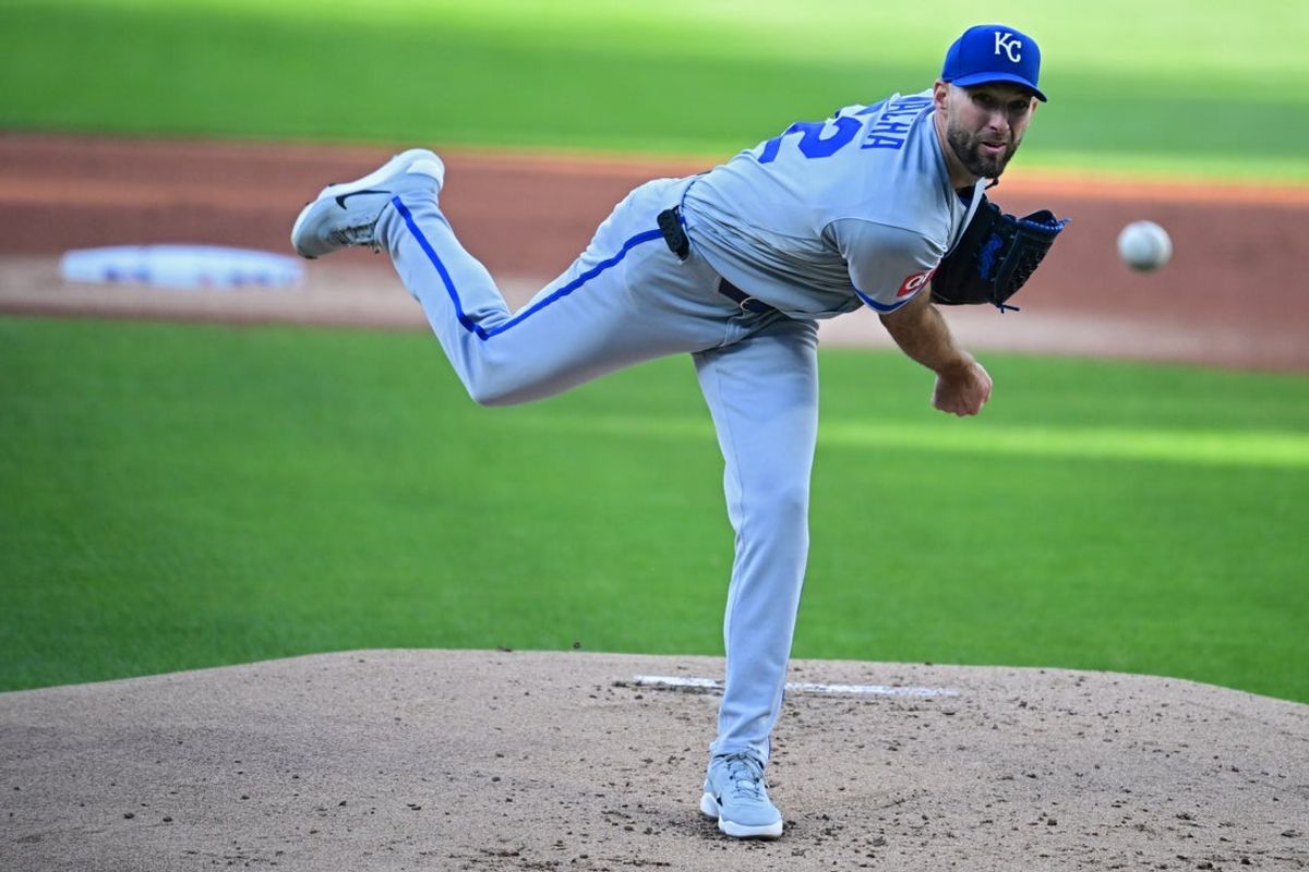 Apr 6, 2026; Cleveland, Ohio, USA; Kansas City Royals starting pitcher Michael Wacha (52) delivers during the first inning against the Cleveland Guardians at Progressive Field. Mandatory Credit: David Dermer-Imagn Images