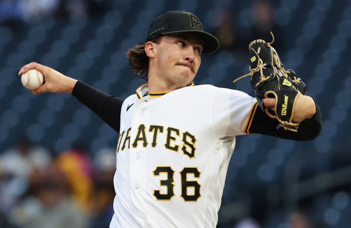 Apr 6, 2026; Pittsburgh, Pennsylvania, USA;  Pittsburgh Pirates starting pitcher Bubba Chandler (36) delivers a pitch against the San Diego Padres during the first inning at PNC Park. Mandatory Credit: Charles LeClaire-Imagn Images