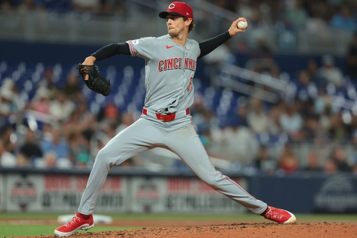 Apr 6, 2026; Miami, Florida, USA; Cincinnati Reds starting pitcher Brandon Williamson (55) delivers a pitch against the Miami Marlins during the fifth inning at loanDepot Park. Mandatory Credit: Sam Navarro-Imagn Images