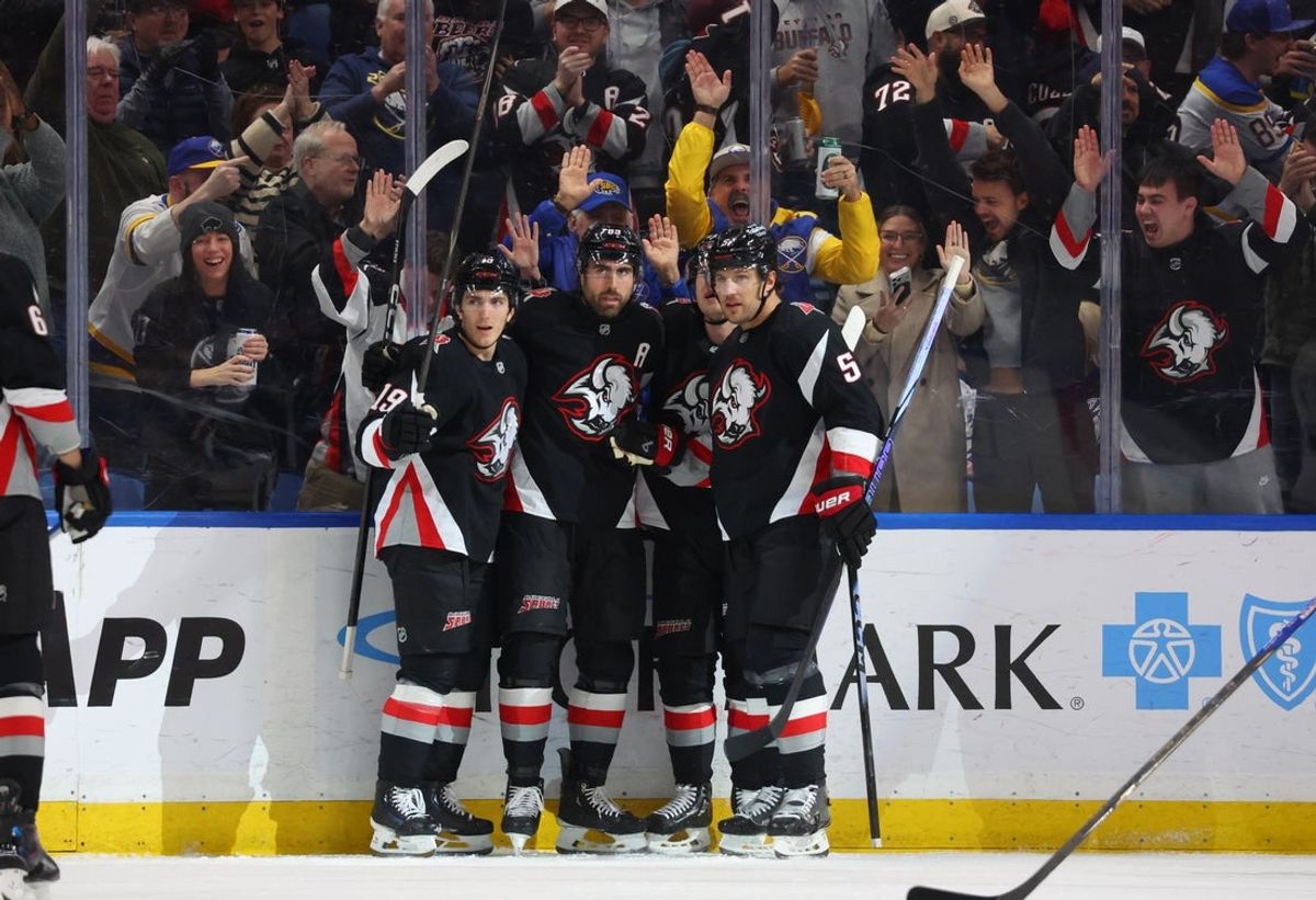 Apr 6, 2026; Buffalo, New York, USA;  Buffalo Sabres right wing Alex Tuch (89) celebrates his goal with teammates during the first period against the Tampa Bay Lightning at KeyBank Center. Mandatory Credit: Timothy T. Ludwig-Imagn Images