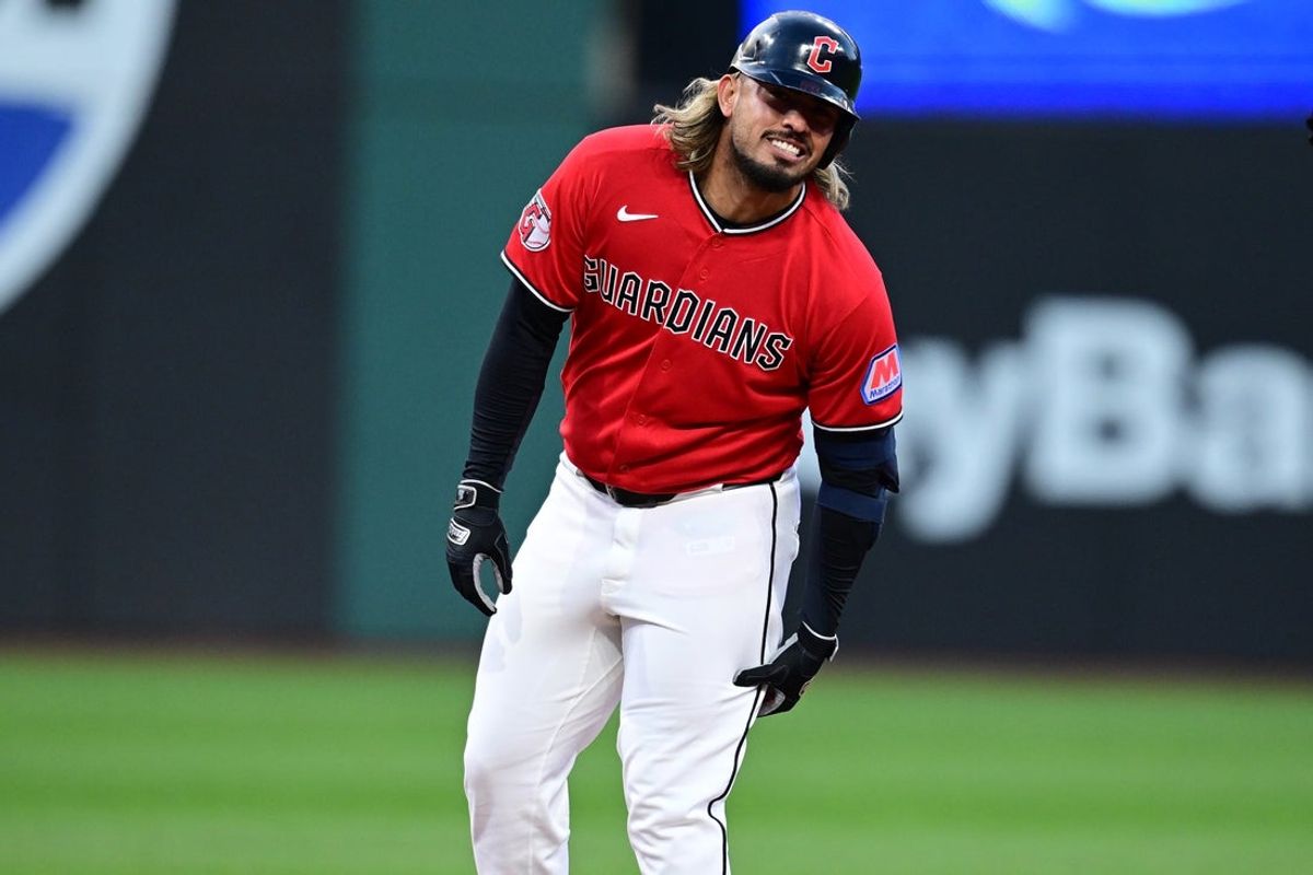 Apr 6, 2026; Cleveland, Ohio, USA; Cleveland Guardians shortstop Gabriel Arias (13) grabs his leg after sustaining an injury running to second base after hitting a double in the fifth inning against the Kansas City Royals at Progressive Field. Mandatory Credit: David Dermer-Imagn Images