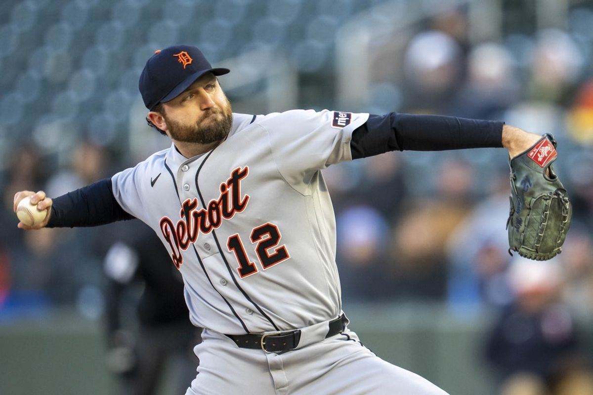 Apr 6, 2026; Minneapolis, Minnesota, USA; Detroit Tigers starting pitcher Casey Mize (12) delivers a pitch against the Minnesota Twins in the first inning at Target Field. Mandatory Credit: Jesse Johnson-Imagn Images
