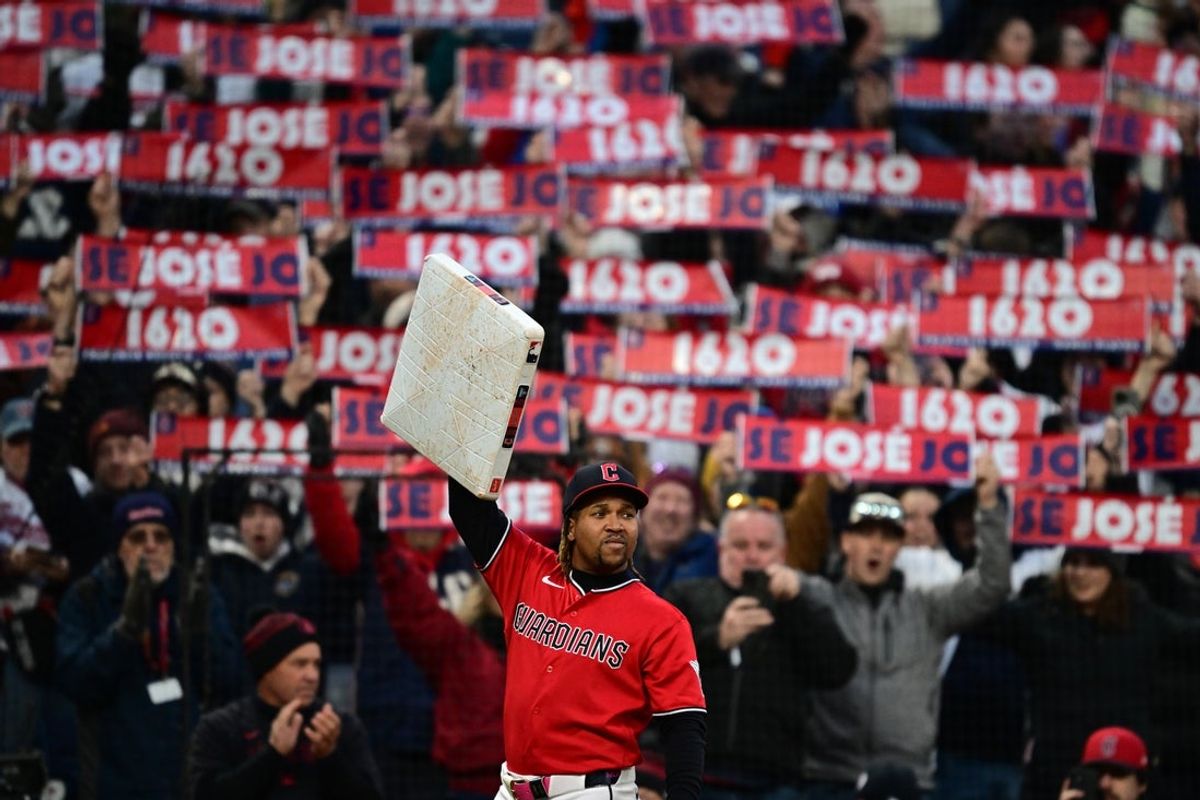 Apr 6, 2026; Cleveland, Ohio, USA;  Cleveland Guardians third baseman Jose Ramirez (11) acknowledges the fans after becoming the all time leader in games played for the Guardians during the sixth inning against the Kansas City Royals at Progressive Field. Mandatory Credit: David Dermer-Imagn Images