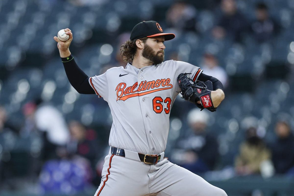 Apr 6, 2026; Chicago, Illinois, USA; Baltimore Orioles starting pitcher Brandon Young (63) delivers a pitch against the Chicago White Sox during the first inning at Rate Field. Mandatory Credit: Kamil Krzaczynski-Imagn Images