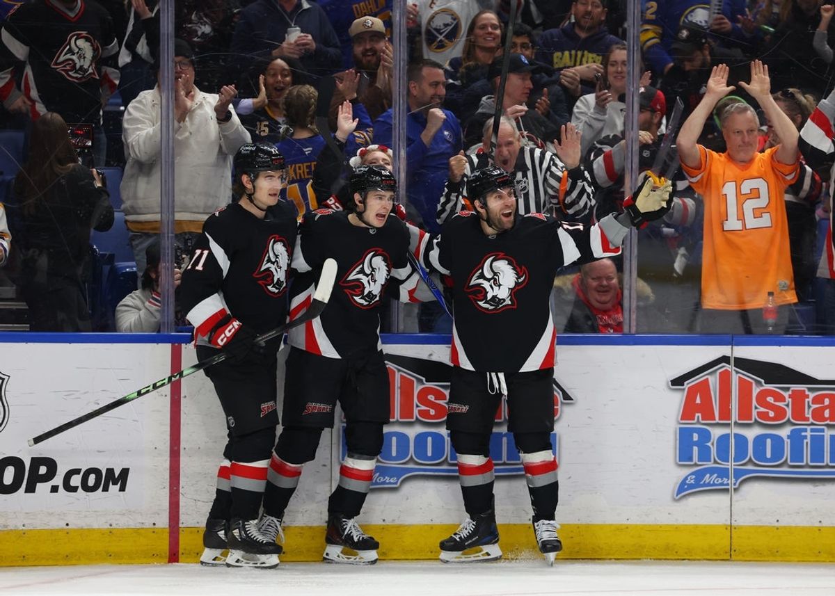 Apr 6, 2026; Buffalo, New York, USA;  Buffalo Sabres left wing Jason Zucker (17) celebrates his goal with teammates during the second period against the Tampa Bay Lightning at KeyBank Center. Mandatory Credit: Timothy T. Ludwig-Imagn Images