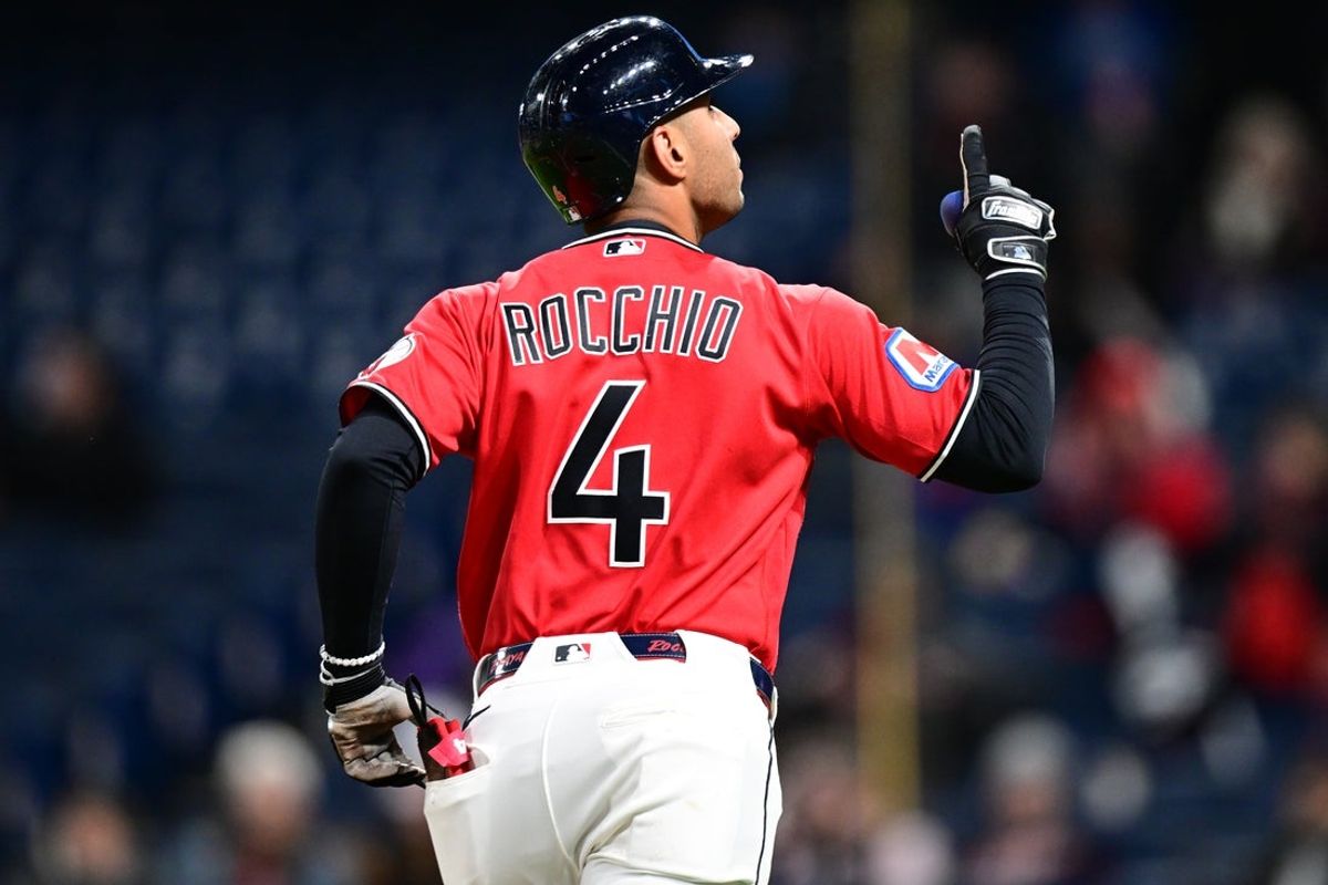 Apr 6, 2026; Cleveland, Ohio, USA; Cleveland Guardians shortstop Brayan Rocchio (4) runs the bases after hitting a solo home run off Kansas City Royals relief pitcher Matt Strahm (25) during the eighth inning at Progressive Field. Mandatory Credit: David Dermer-Imagn Images