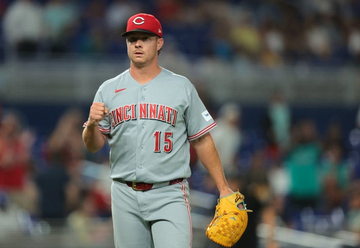 Apr 6, 2026; Miami, Florida, USA; Cincinnati Reds pitcher Emilio Pagan (15) celebrates after the game against the Miami Marlins at loanDepot Park. Mandatory Credit: Sam Navarro-Imagn Images