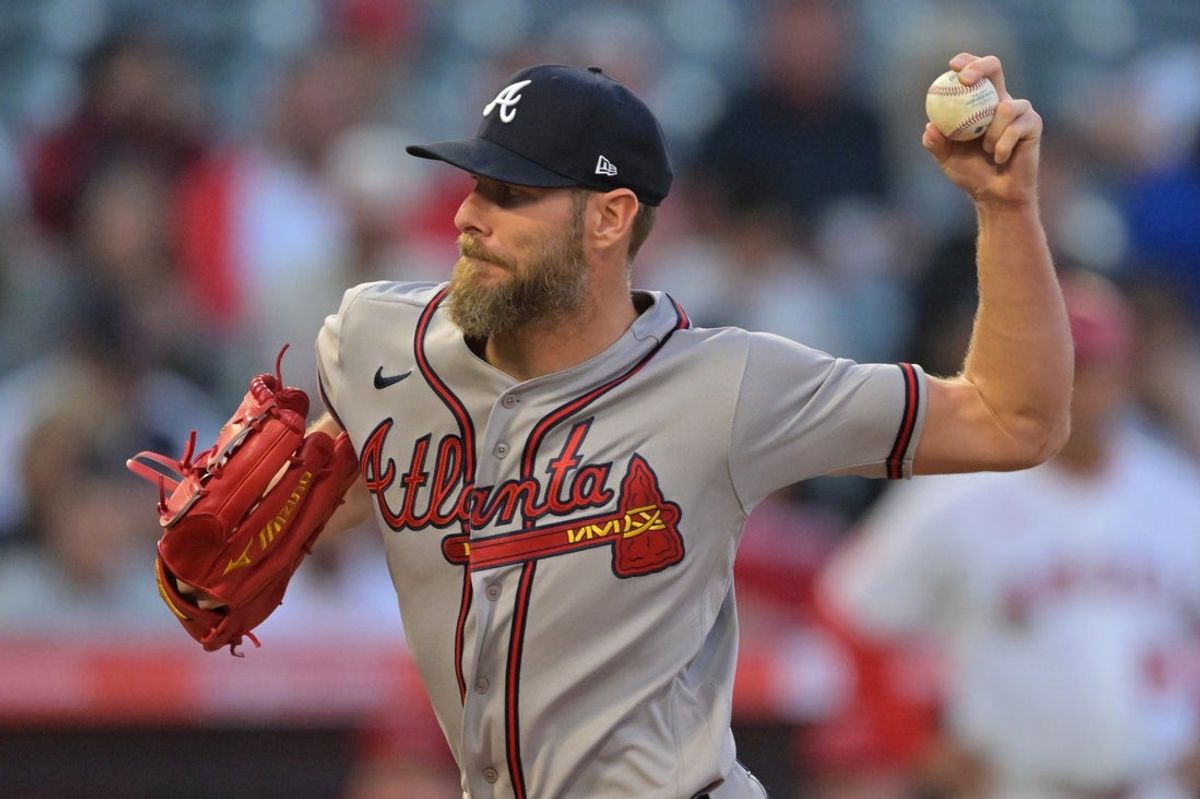 Apr 6, 2026; Anaheim, California, USA;  Atlanta Braves pitcher Chris Sale (51) delivers to the plate in the first inning against the Los Angeles Angels at Angel Stadium. Mandatory Credit: Jayne Kamin-Oncea-Imagn Images