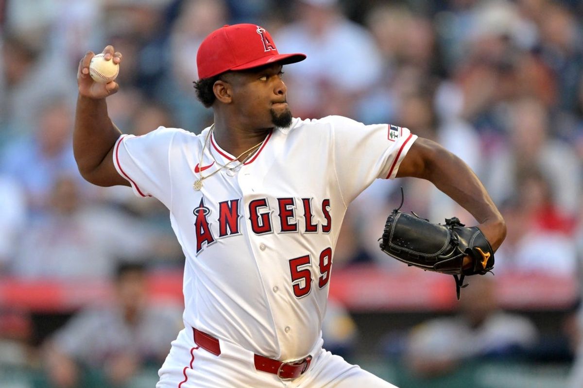 Apr 6, 2026; Anaheim, California, USA;  Los Angeles Angels pitcher Jose Soriano (59) delivers to the plate in the first inning against the Atlanta Braves at Angel Stadium. Mandatory Credit: Jayne Kamin-Oncea-Imagn Images
