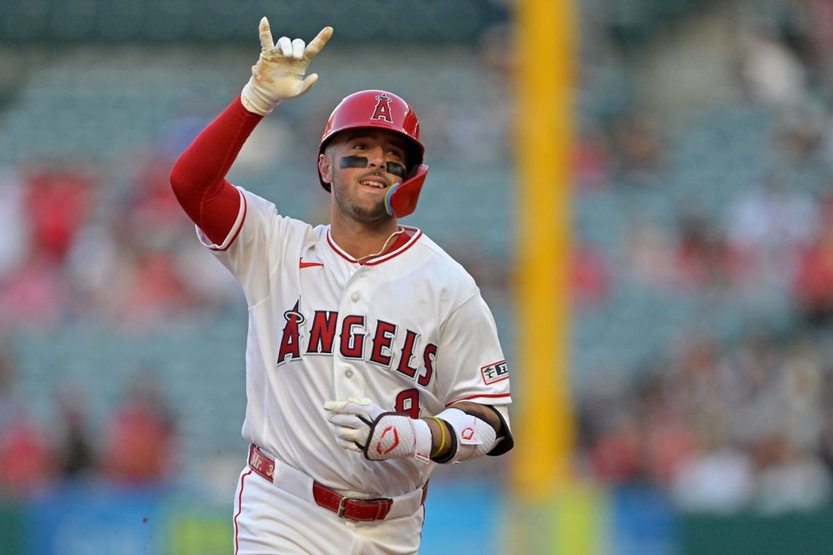 Apr 6, 2026; Anaheim, California, USA; Los Angeles Angels shortstop Zach Neto (9) rounds the bases after hitting a solo home run in the first inning against the Los Angeles Angels at Angel Stadium. Mandatory Credit: Jayne Kamin-Oncea-Imagn Images