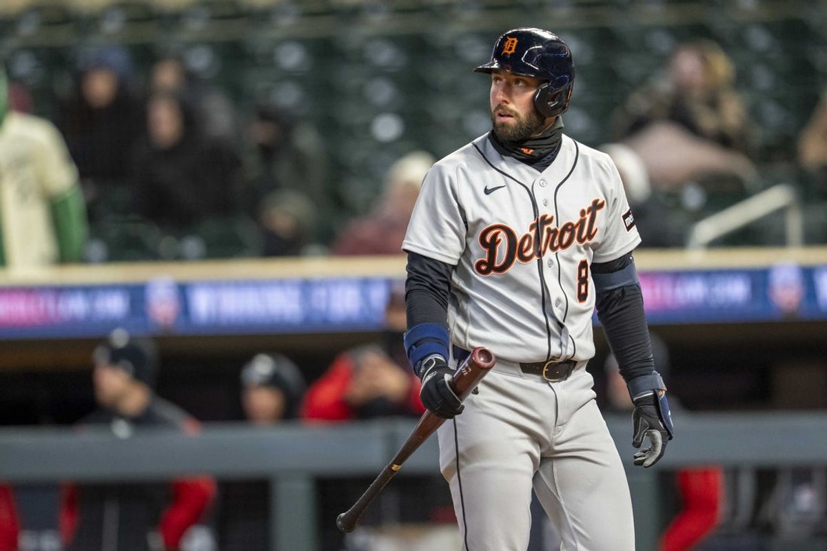 Apr 6, 2026; Minneapolis, Minnesota, USA; Detroit Tigers left fielder Matt Vierling (8) looks on after striking out against the Minnesota Twins in the eighth inning at Target Field. Mandatory Credit: Jesse Johnson-Imagn Images