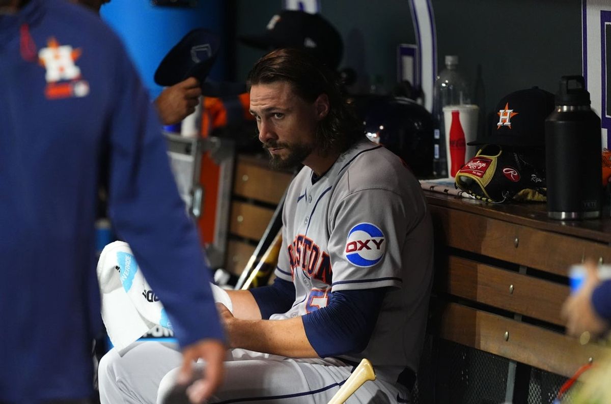 Apr 6, 2026; Denver, Colorado, USA; Houston Astros relief pitcher Ryan Weiss (51) in the dugout during the fifth inning against the Colorado Rockies at Coors Field. Mandatory Credit: Ron Chenoy-Imagn Images