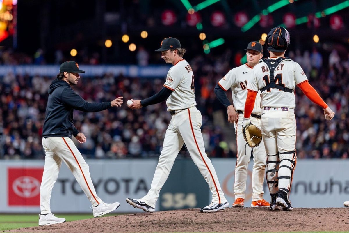 Apr 6, 2026; San Francisco, California, USA; San Francisco Giants pitcher Ryan Borucki (47) is relieved by San Francisco Giants manager Tony Vitello during the seventh inning against the Philadelphia Phillies at Oracle Park. Mandatory Credit: Bob Kupbens-Imagn Images