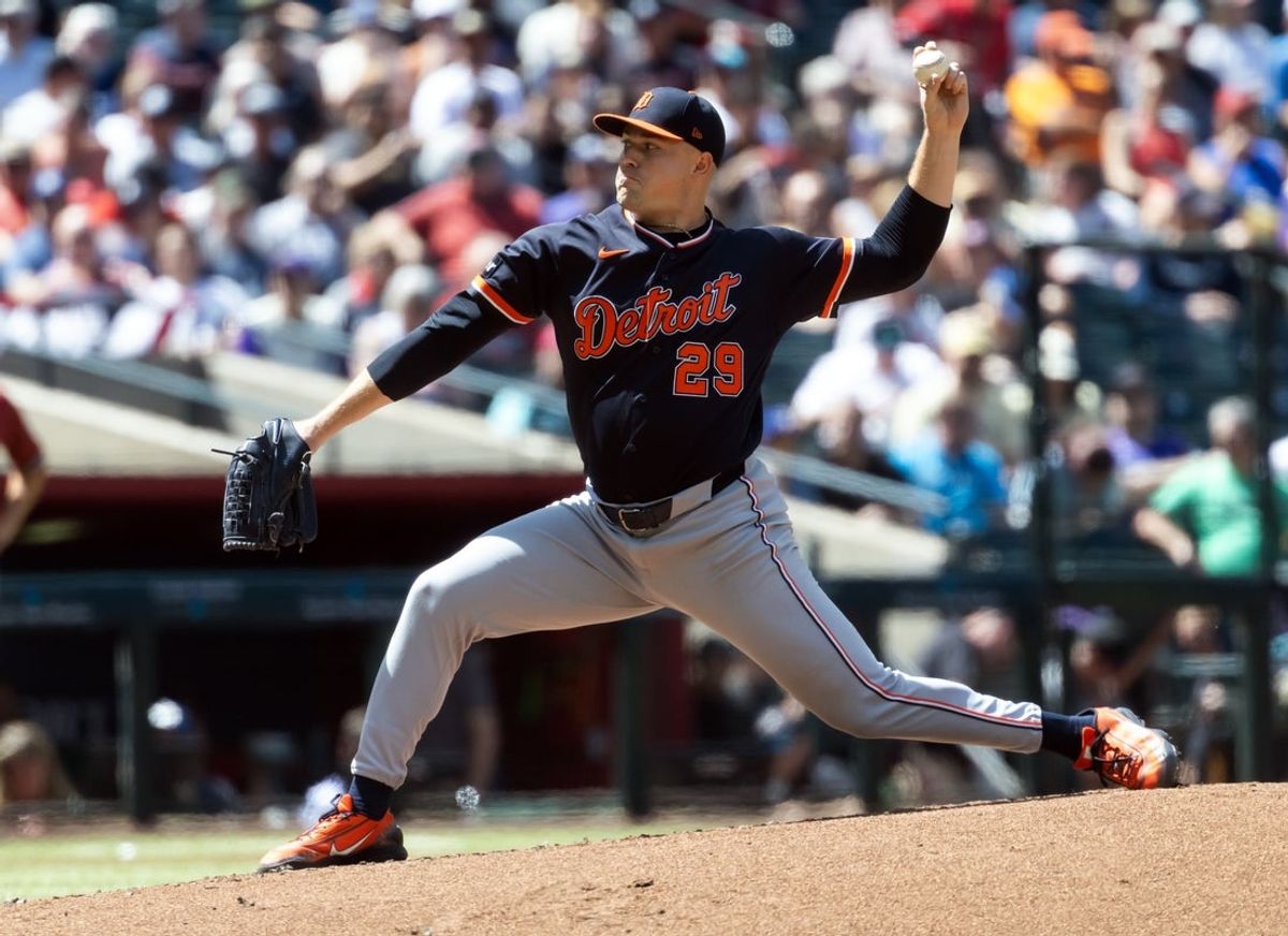 Apr 1, 2026; Phoenix, Arizona, USA; Detroit Tigers pitcher Tarik Skubal against the Arizona Diamondbacks at Chase Field. Mandatory Credit: Mark J. Rebilas-Imagn Images