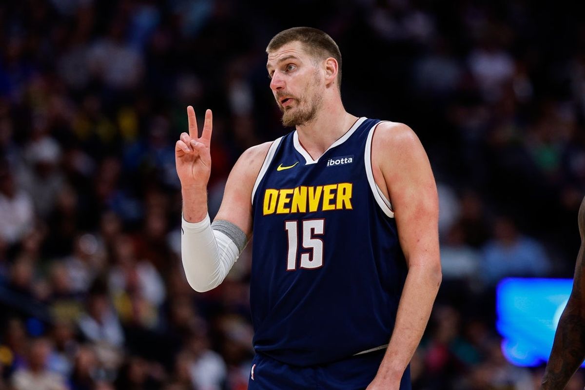 Apr 6, 2026; Denver, Colorado, USA; Denver Nuggets center Nikola Jokic (15) gestures in the second quarter against the Portland Trail Blazers at Ball Arena. Mandatory Credit: Isaiah J. Downing-Imagn Images