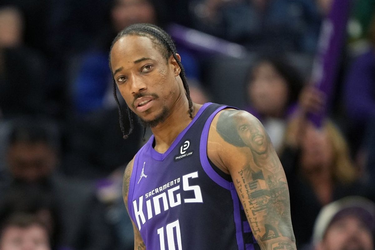 Apr 3, 2026; Sacramento, California, USA; Sacramento Kings guard DeMar DeRozan (10) during the third quarter against the New Orleans Pelicans at Golden 1 Center. Mandatory Credit: Darren Yamashita-Imagn Images