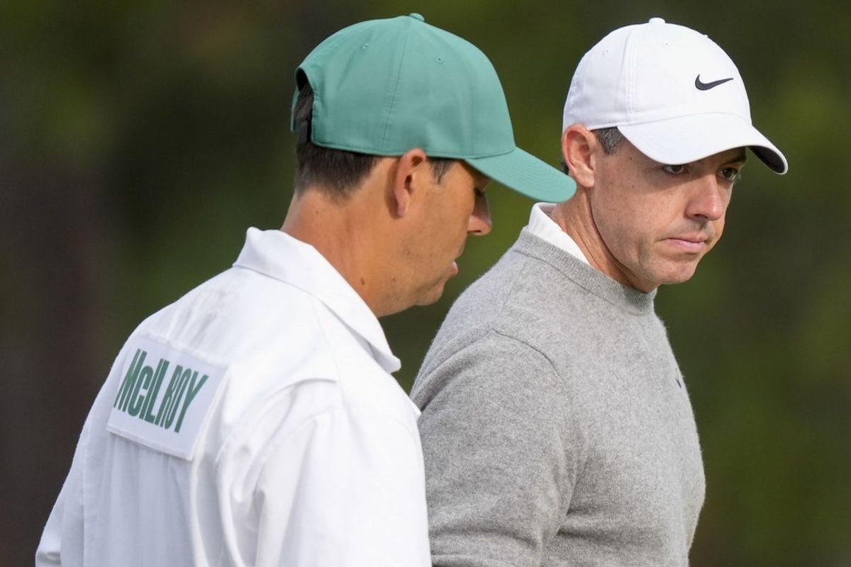 Apr 7, 2026; Augusta, Georgia, USA; Rory McIlroy walks off of no. 7 with his caddie, Harry Diamond, during a practice round for the Masters Tournament at Augusta National Golf Club. Mandatory Credit: Katie Goodale-Imagn Images