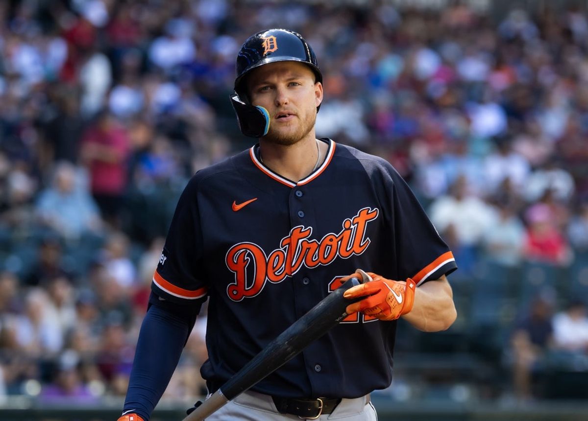 Apr 1, 2026; Phoenix, Arizona, USA; Detroit Tigers outfielder Parker Meadows against the Arizona Diamondbacks at Chase Field. Mandatory Credit: Mark J. Rebilas-Imagn Images