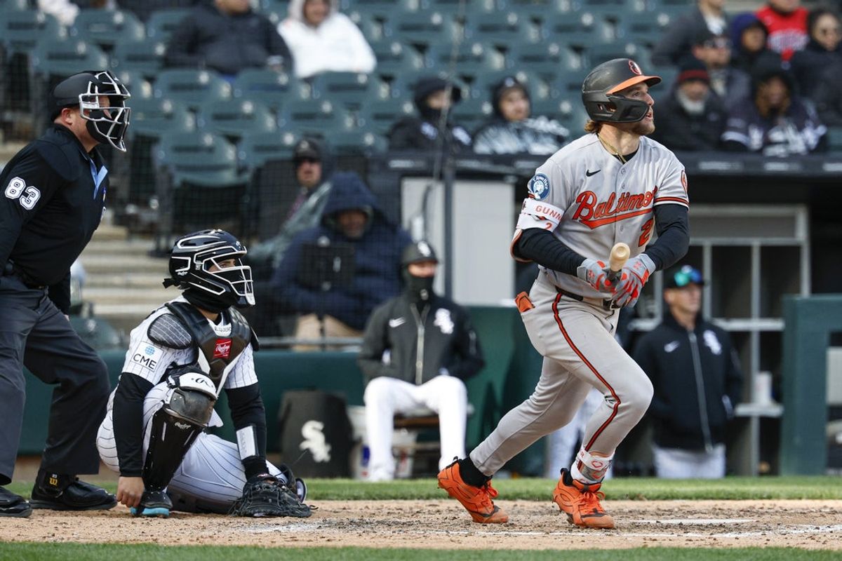 Apr 7, 2026; Chicago, Illinois, USA; Baltimore Orioles designated hitter Gunnar Henderson (2) hits a two-run home run against the Chicago White Sox during the eight inning at Rate Field. Mandatory Credit: Kamil Krzaczynski-Imagn Images