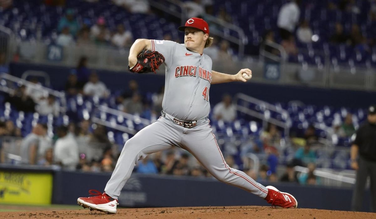 Apr 7, 2026; Miami, Florida, USA;  Cincinnati Reds starting pitcher Andrew Abbott (41) pitches against the Miami Marlins in the first inning at loanDepot Park. Mandatory Credit: Rhona Wise-Imagn Images