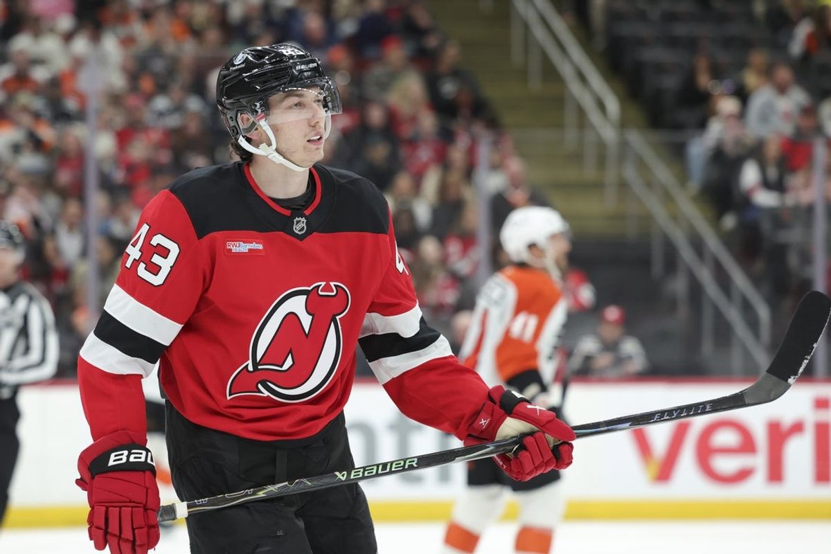 Apr 7, 2026; Newark, New Jersey, USA;  New Jersey Devils defender Luke Hughes (43) takes a break during a stoppage in play against the Philadelphia Flyers during the first period at Prudential Center. Mandatory Credit: Luther Schlaifer-Imagn Images