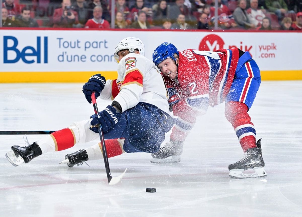 Apr 7, 2026; Montreal, Quebec, CAN; Montreal Canadiens defenseman Adam Engstrom (42) gets a penalty for holding a Florida Panthers player during the first period at the Bell Centre. Mandatory Credit: Eric Bolte-Imagn Images