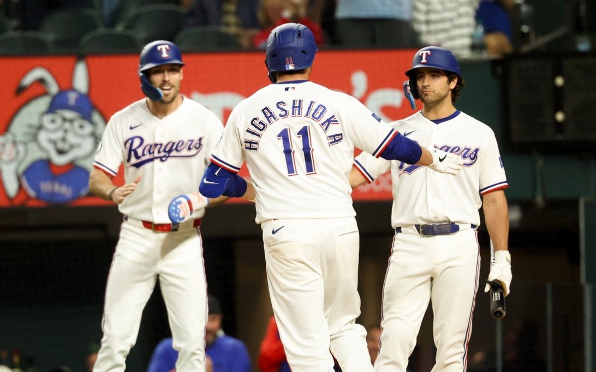 Apr 7, 2026; Arlington, Texas, USA; Texas Rangers catcher Kyle Higashioka (11) celebrates with teammates after hitting a two-run home run during the fifth inning against the Seattle Mariners at Globe Life Field. Mandatory Credit: Kevin Jairaj-Imagn Images