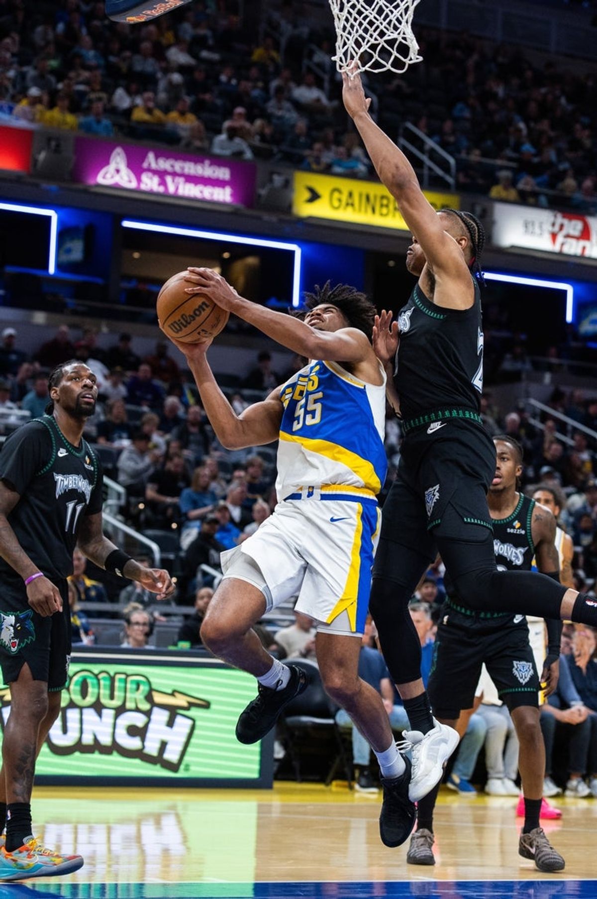 Apr 7, 2026; Indianapolis, Indiana, USA; Indiana Pacers guard Ethan Thompson (55) shoots the ball while Minnesota Timberwolves guard Jaylen Clark (22) defends in the second half at Gainbridge Fieldhouse. Mandatory Credit: Trevor Ruszkowski-Imagn Images