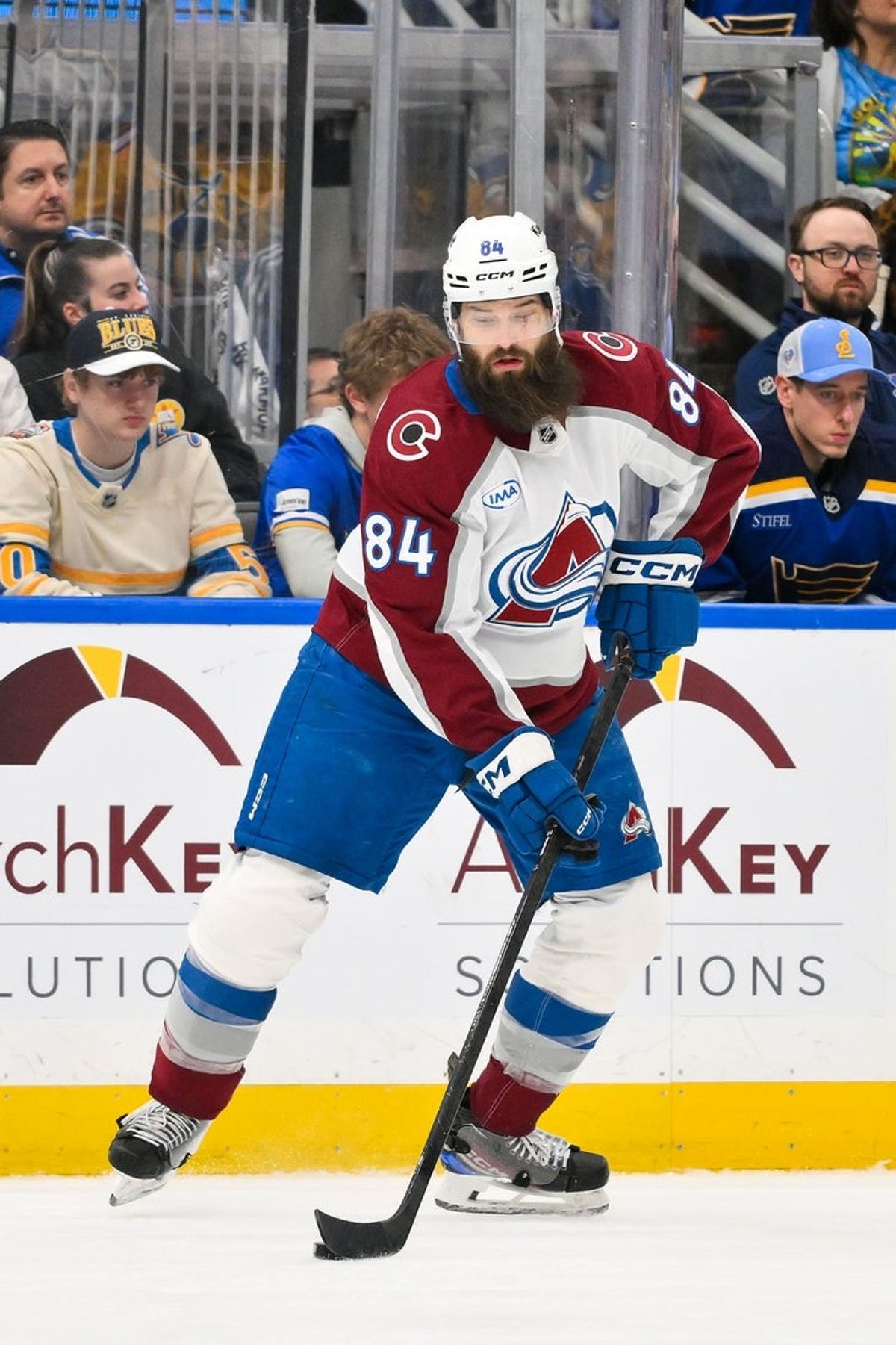 Apr 7, 2026; St. Louis, Missouri, USA; Colorado Avalanche defenseman Brent Burns (84) controls the puck against the St. Louis Blues during the second period at Enterprise Center. Mandatory Credit: Jeff Curry-Imagn Images