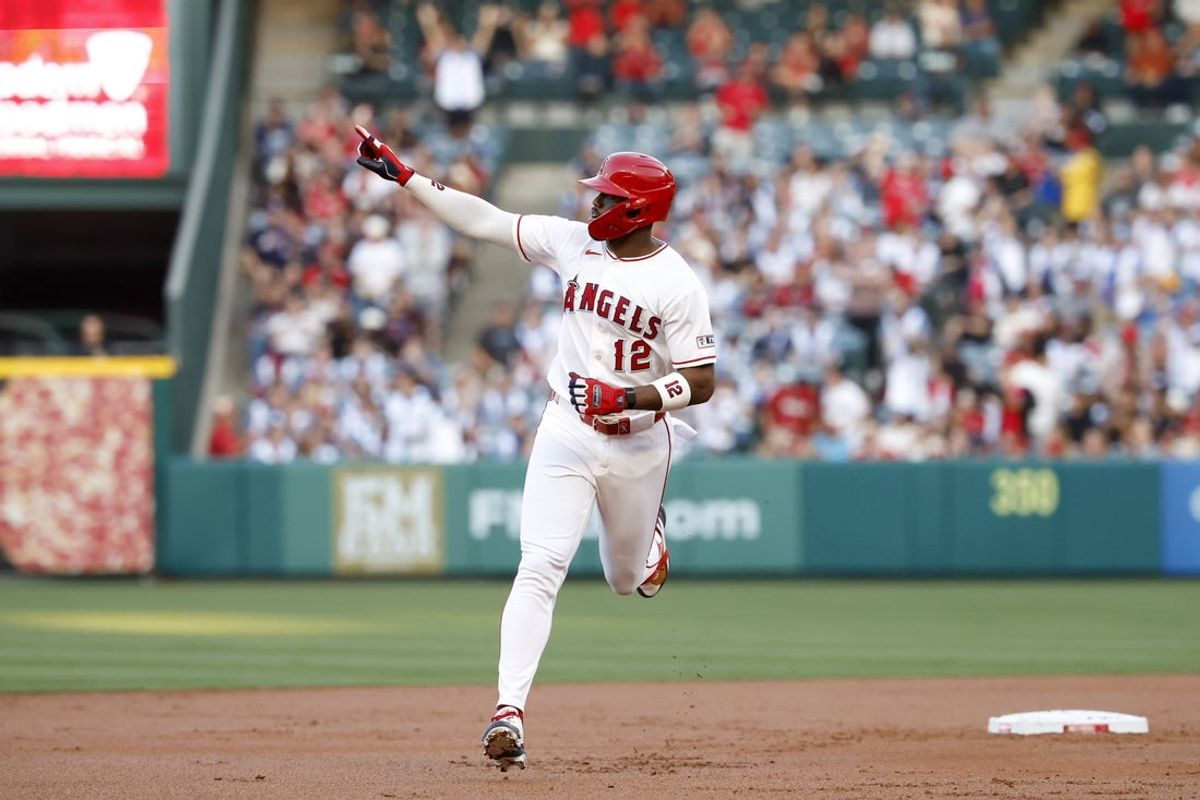 Apr 7, 2026; Anaheim, California, USA; Los Angeles Angels right fielder Jorge Soler (12) hits a home run during the first inning against the Atlanta Braves at Angel Stadium. Mandatory Credit: William Navarro-Imagn Images