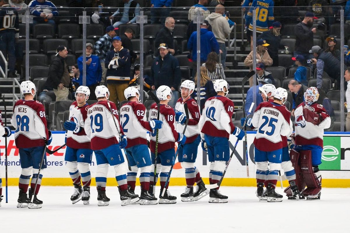 Apr 7, 2026; St. Louis, Missouri, USA; Colorado Avalanche celebrate after they defeated the St. Louis Blues at Enterprise Center. Mandatory Credit: Jeff Curry-Imagn Images