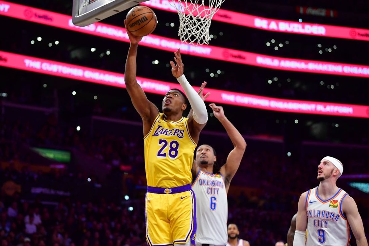 April 7, 2026; Los Angeles, California, USA; Los Angeles Lakers forward Rui Hachimura (28) scores a basket against the Oklahoma City Thunder during the first half at Crypto.com Arena. Mandatory Credit: Gary A. Vasquez-Imagn Images