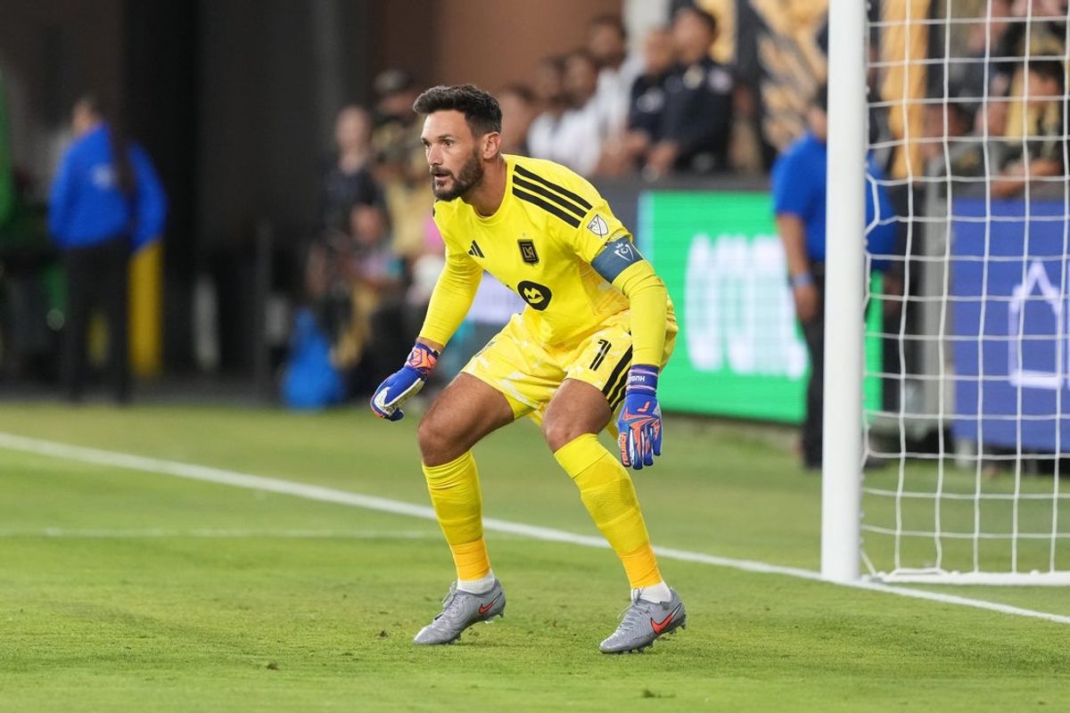 Apr 7, 2026; Los Angeles, CA, USA; LAFC goalkeeper Hugo Lloris (1) defends the goal against Cruz Azul in the first half of a Concacaf Champions Cup quarterfinal at BMO Stadium. Mandatory Credit: Kirby Lee-Imagn Images