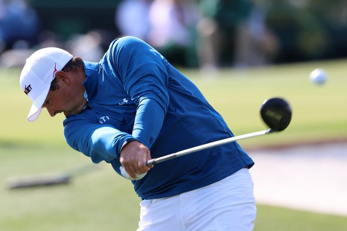 Apr 8, 2026; Augusta, Georgia, USA; Patrick Reed tees off on the third hole during a practice round for the Masters Tournament at Augusta National Golf Club. Mandatory Credit: Bill Streicher-Imagn Images