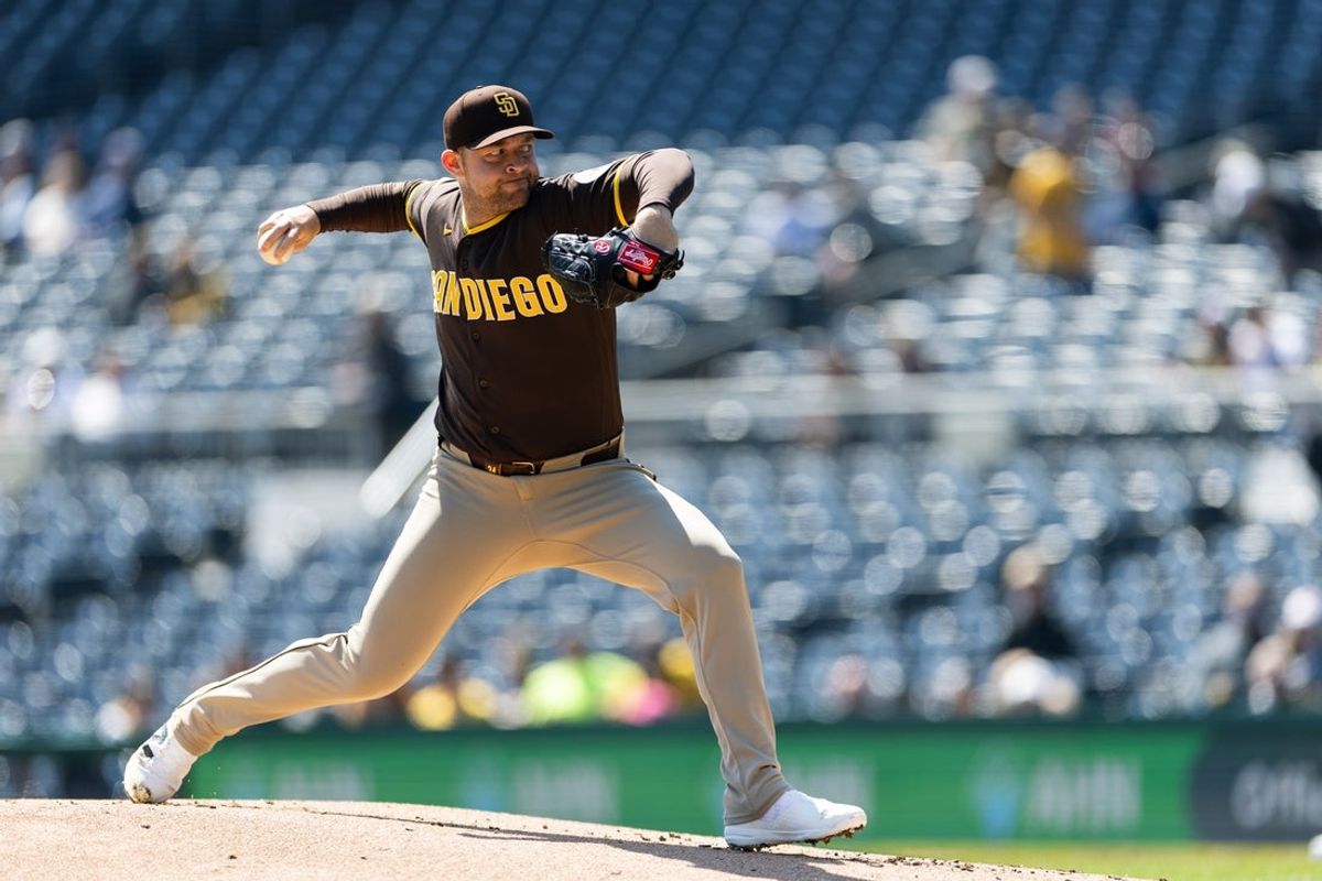 Apr 8, 2026; Pittsburgh, Pennsylvania, USA;  San Diego Padres starting pitcher Michael King (34) pitches to the Pittsburgh Pirates during the first inning at PNC Park. Mandatory Credit: Scott Galvin-Imagn Images