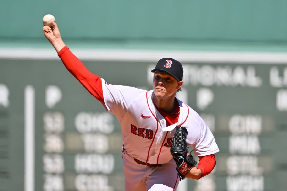Apr 8, 2026; Boston, Massachusetts, USA; Boston Red Sox starting pitcher Sonny Gray (54) pitches against the Milwaukee Brewers  during the first inning at Fenway Park. Mandatory Credit: Eric Canha-Imagn Images