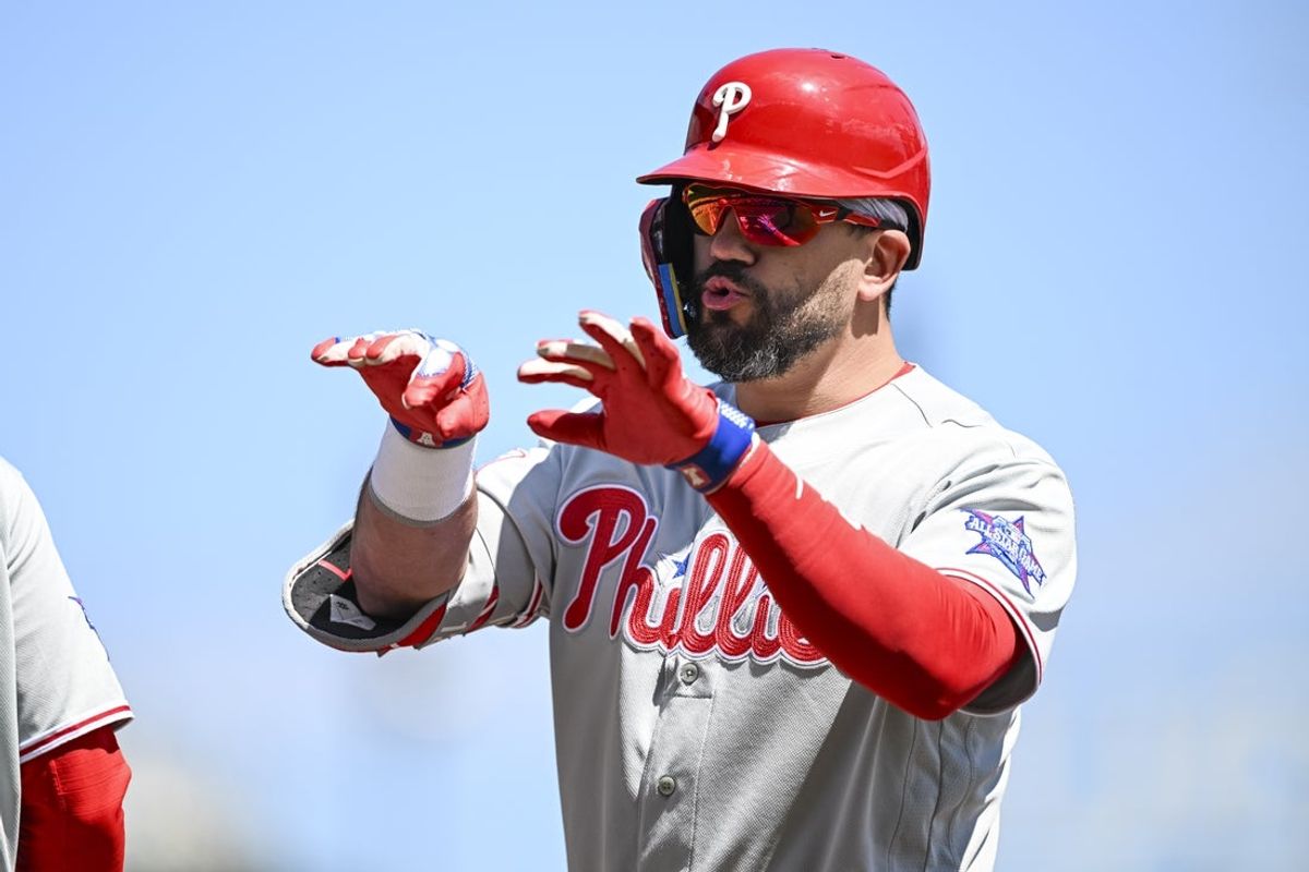 Apr 8, 2026; San Francisco, California, USA;  Philadelphia Phillies left fielder Kyle Schwarber (12) celebrates a single in the top of the first inning against the San Francisco Giants at Oracle Park. Mandatory Credit: Justine Willard-Imagn Images
