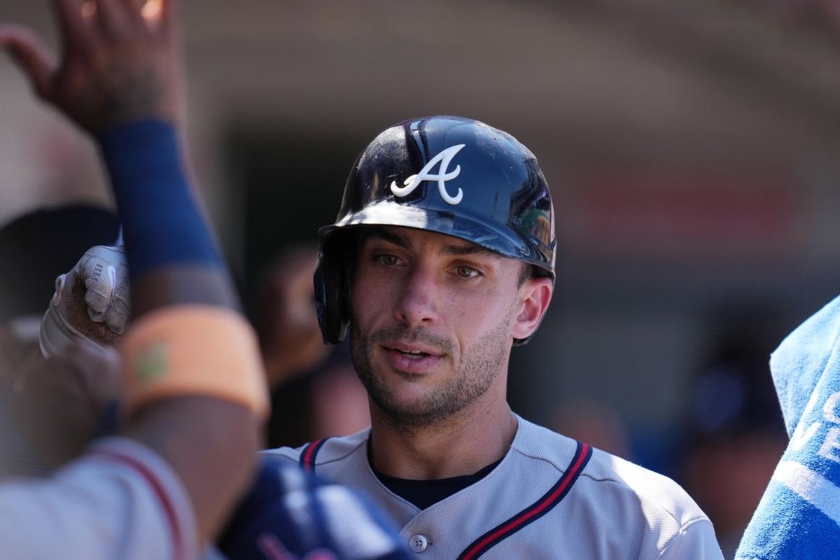 Apr 8, 2026; Anaheim, California, USA; Atlanta Braves first baseman Matt Olson (28) is congratulated by teammates after hitting a two-run home run in the third inning against the Los Angeles Angels at Angel Stadium. Mandatory Credit: Kirby Lee-Imagn Images