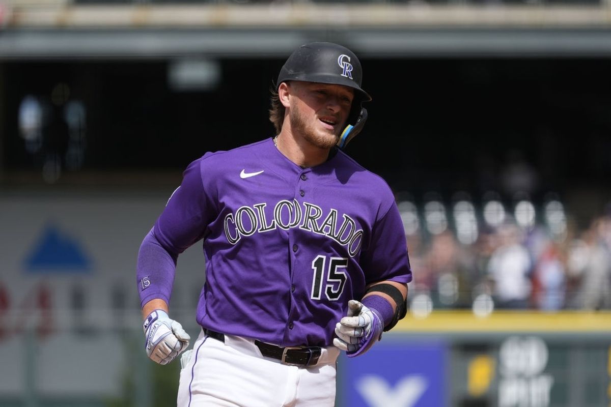 Apr 8, 2026; Denver, Colorado, USA; Colorado Rockies catcher Hunter Goodman (15) runs off his solo home run in the fourth inning against the Houston Astros at Coors Field. Mandatory Credit: Ron Chenoy-Imagn Images
