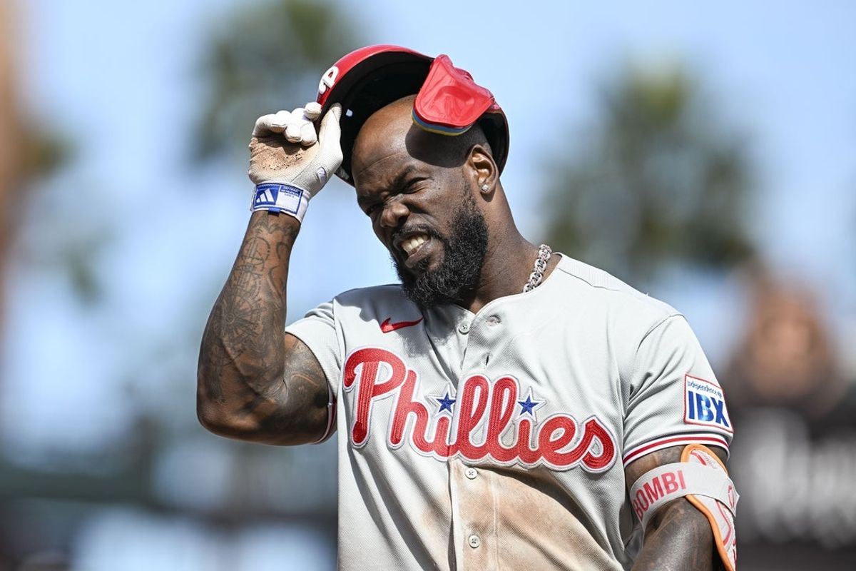 Apr 8, 2026; San Francisco, California, USA; Philadelphia Phillies right fielder Adolis García (53) walks off the field after lining out to San Francisco Giants left fielder Harrison Bader (9) in the to pot the eighth inning at Oracle Park. Mandatory Credit: Justine Willard-Imagn Images