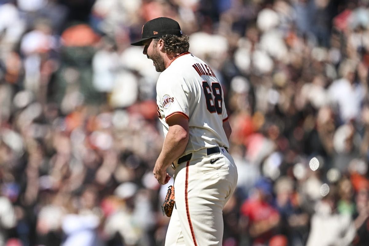 Apr 8, 2026; San Francisco, California, USA; San Francisco Giants pitcher Erik Miller (68) reacts after striking out Philadelphia Phillies outfielder Otto Kemp (4) to end the game in the top of the ninth inning at Oracle Park. Mandatory Credit: Justine Willard-Imagn Images