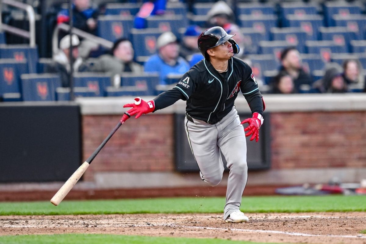 Apr 8, 2026; New York City, New York, USA; Arizona Diamondbacks left fielder Jorge Barrosa (1) reacts after hitting a two RBI double against the New York Mets during the eighth inning at Citi Field. Mandatory Credit: John Jones-Imagn Images