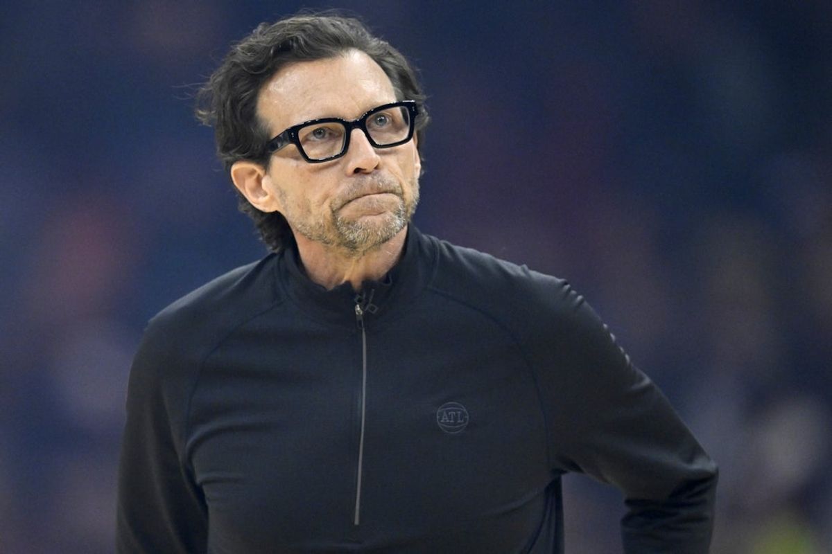 Apr 8, 2026; Cleveland, Ohio, USA; Atlanta Hawks head coach Quin Snyder reacts in the first quarter against the Cleveland Cavaliers at Rocket Arena. Mandatory Credit: David Richard-Imagn Images