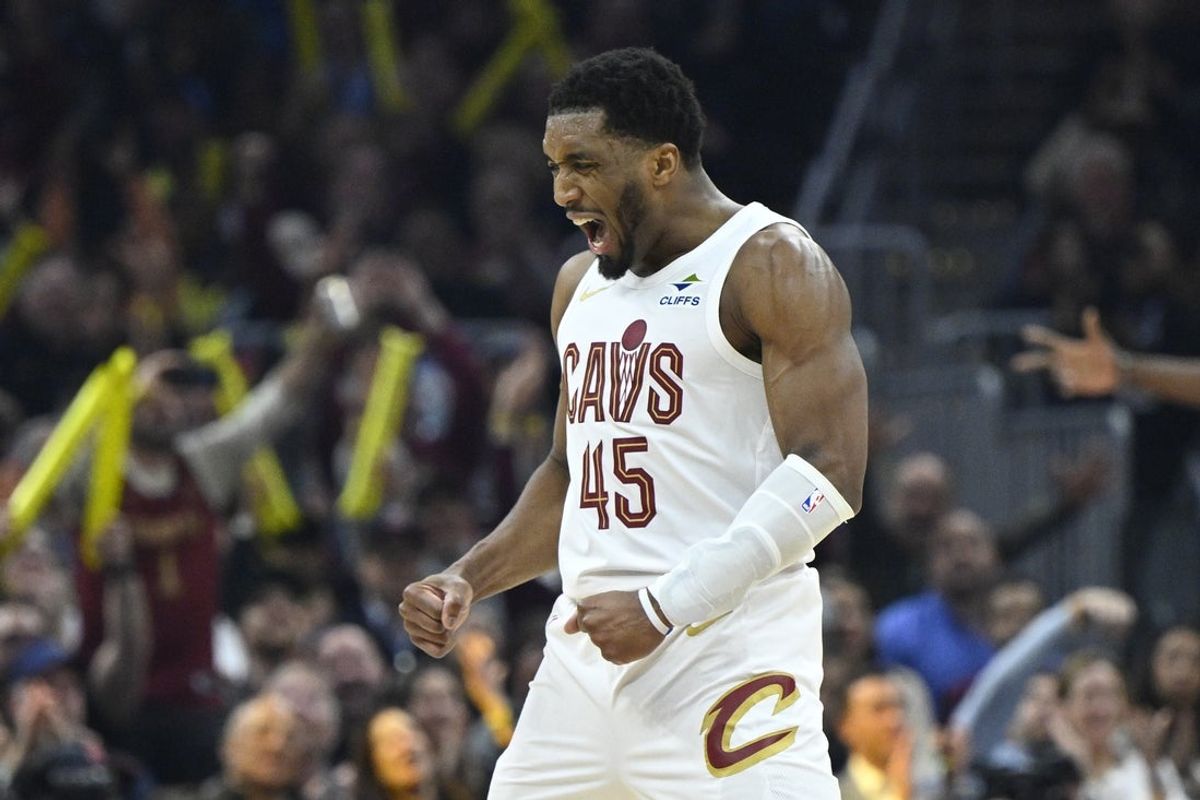 Apr 8, 2026; Cleveland, Ohio, USA; Cleveland Cavaliers guard Donovan Mitchell (45) celebrates in the third quarter against the Atlanta Hawks at Rocket Arena. Mandatory Credit: David Richard-Imagn Images