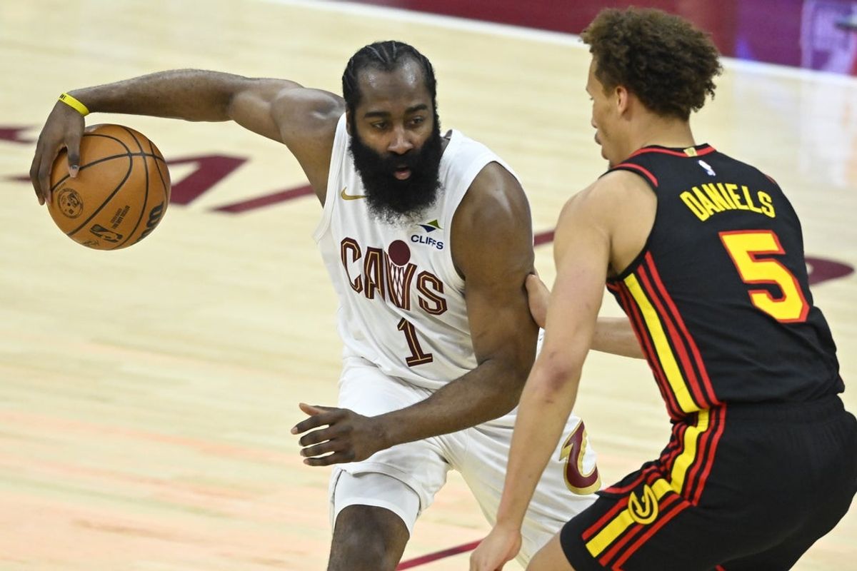 Apr 8, 2026; Cleveland, Ohio, USA; Cleveland Cavaliers guard James Harden (1) dribbles defended by Atlanta Hawks guard Dyson Daniels (5) in the fourth quarter at Rocket Arena. Mandatory Credit: David Richard-Imagn Images