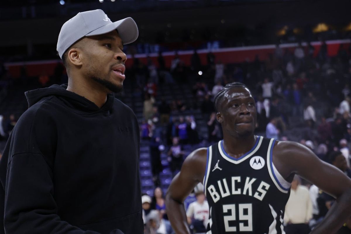 Apr 08, 2026; Detroit, Michigan, USA;  Milwaukee Bucks forward Giannis Antetokounmpo (34) and forward Alex Antetokounmpo (29) after the game against the Detroit Pistons at Little Caesars Arena. Mandatory Credit: Rick Osentoski-Imagn Images